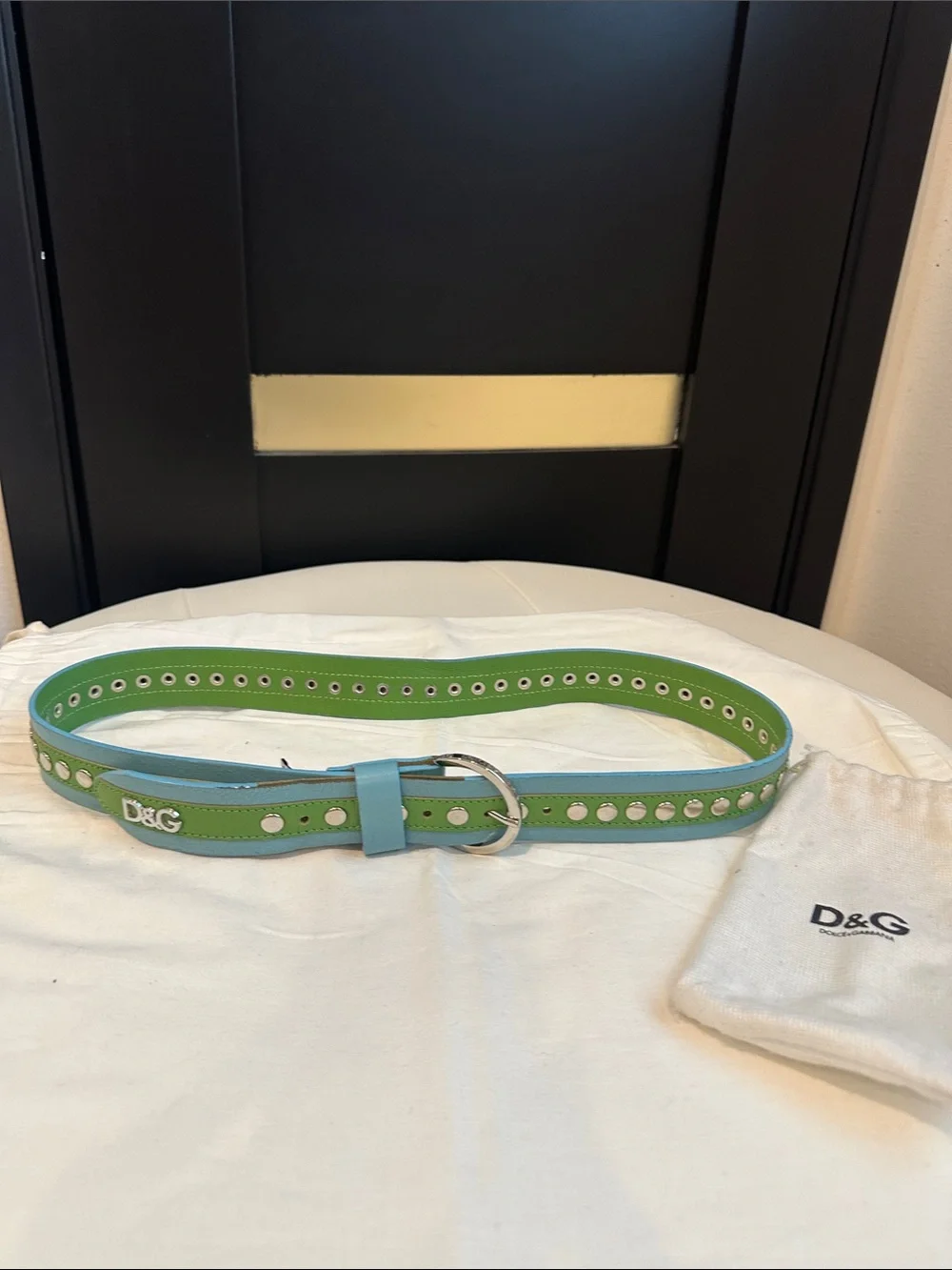 Vintage D&G Dolce & Gabbana Green Blue Studded Leather Belt